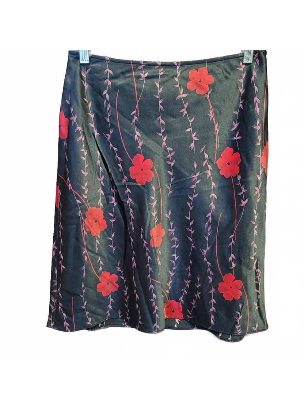 Ann Taylor LOFT Red Black Floral Satin Skirt Size 4 Petite 4P